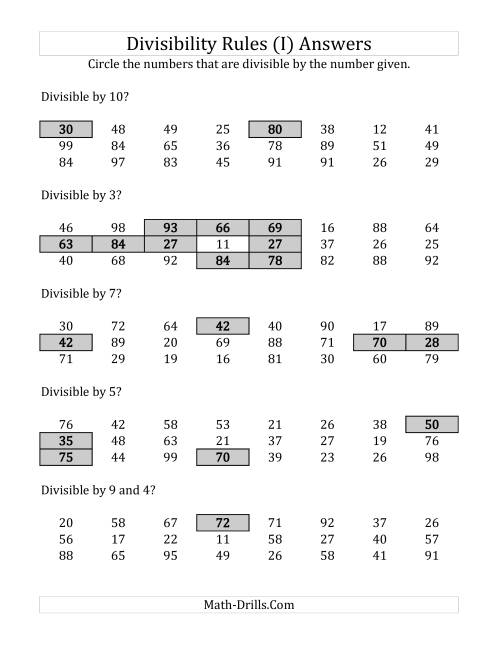 The Divisibility Rules for Numbers from 2 to 10 (2 Digit Numbers) (I) Math Worksheet Page 2