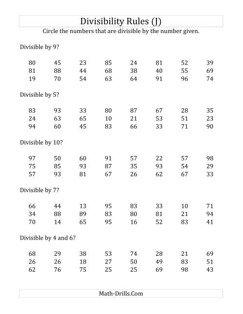 The Divisibility Rules for Numbers from 2 to 10 (2 Digit Numbers) (J) Math Worksheet