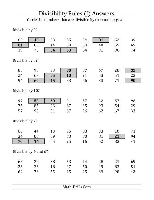 The Divisibility Rules for Numbers from 2 to 10 (2 Digit Numbers) (J) Math Worksheet Page 2