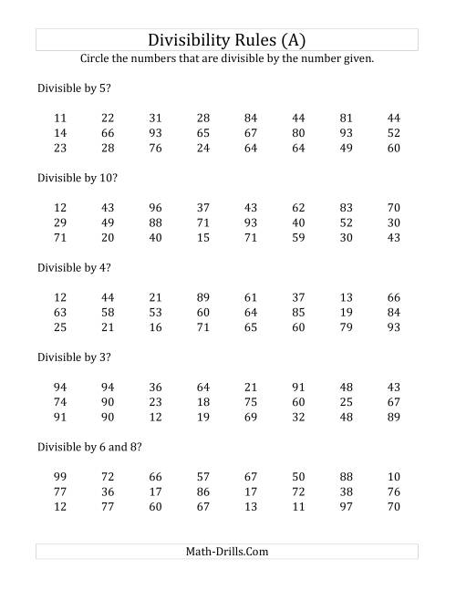 The Divisibility Rules for Numbers from 2 to 10 (2 Digit Numbers) (All) Math Worksheet