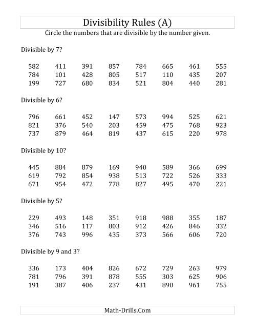 The Divisibility Rules for Numbers from 2 to 10 (3 Digit Numbers) (A) Math Worksheet