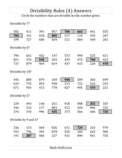 The Divisibility Rules for Numbers from 2 to 10 (3 Digit Numbers) (A) Math Worksheet Page 2