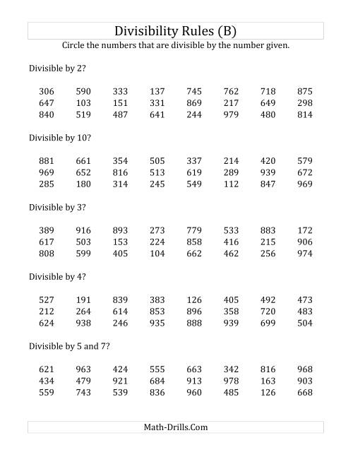 The Divisibility Rules for Numbers from 2 to 10 (3 Digit Numbers) (B) Math Worksheet