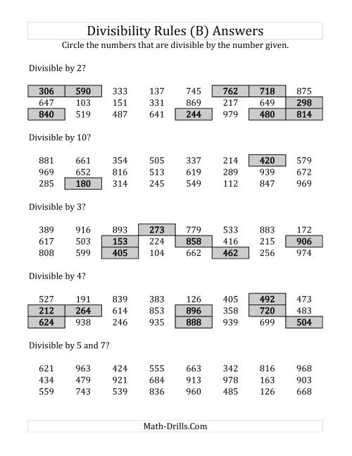 The Divisibility Rules for Numbers from 2 to 10 (3 Digit Numbers) (B) Math Worksheet Page 2