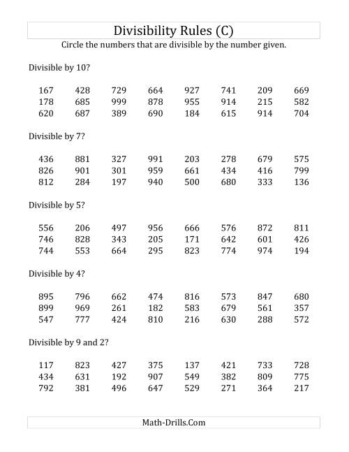 The Divisibility Rules for Numbers from 2 to 10 (3 Digit Numbers) (C) Math Worksheet