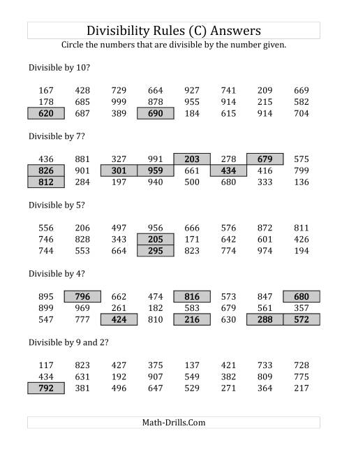 The Divisibility Rules for Numbers from 2 to 10 (3 Digit Numbers) (C) Math Worksheet Page 2