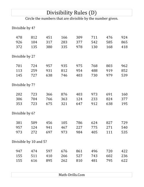 The Divisibility Rules for Numbers from 2 to 10 (3 Digit Numbers) (D) Math Worksheet