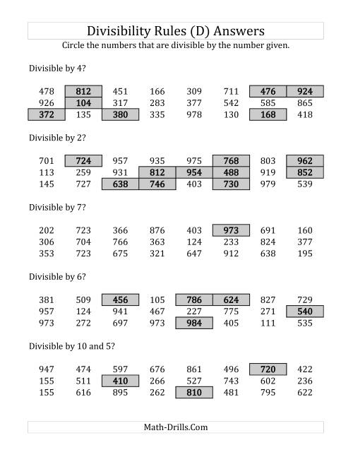 The Divisibility Rules for Numbers from 2 to 10 (3 Digit Numbers) (D) Math Worksheet Page 2