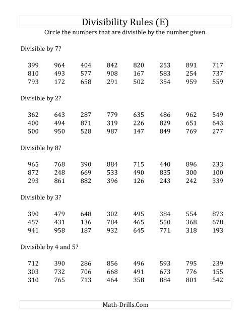 The Divisibility Rules for Numbers from 2 to 10 (3 Digit Numbers) (E) Math Worksheet