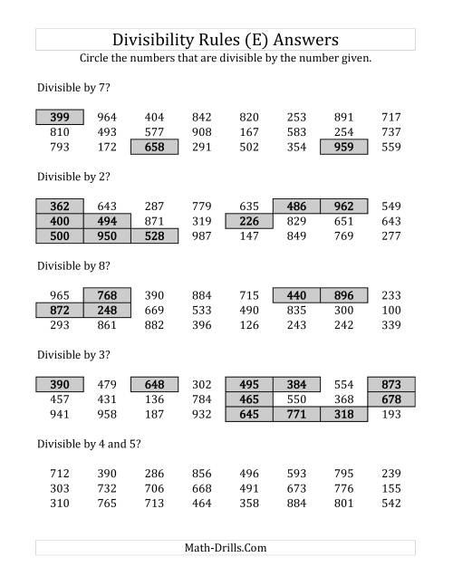 The Divisibility Rules for Numbers from 2 to 10 (3 Digit Numbers) (E) Math Worksheet Page 2