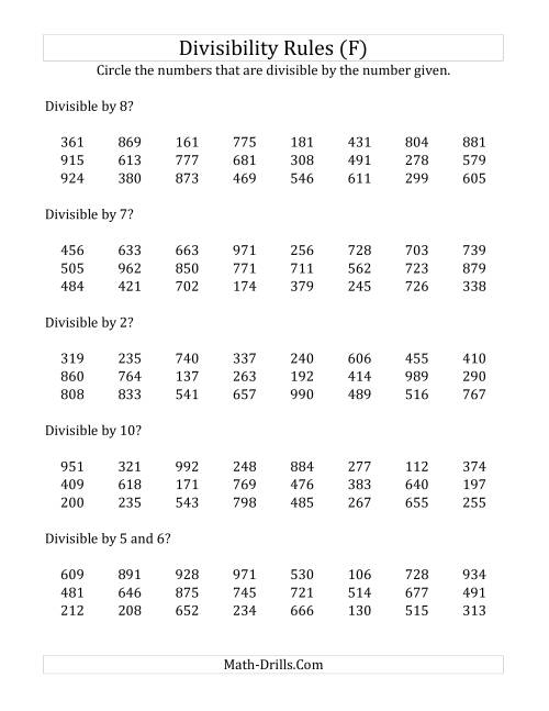 The Divisibility Rules for Numbers from 2 to 10 (3 Digit Numbers) (F) Math Worksheet