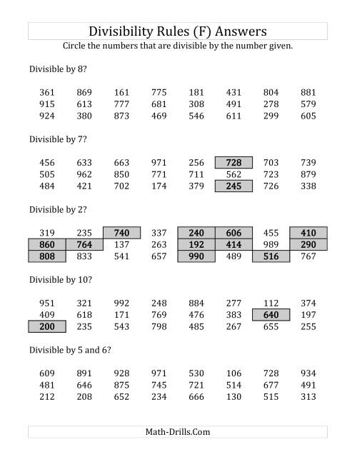 The Divisibility Rules for Numbers from 2 to 10 (3 Digit Numbers) (F) Math Worksheet Page 2
