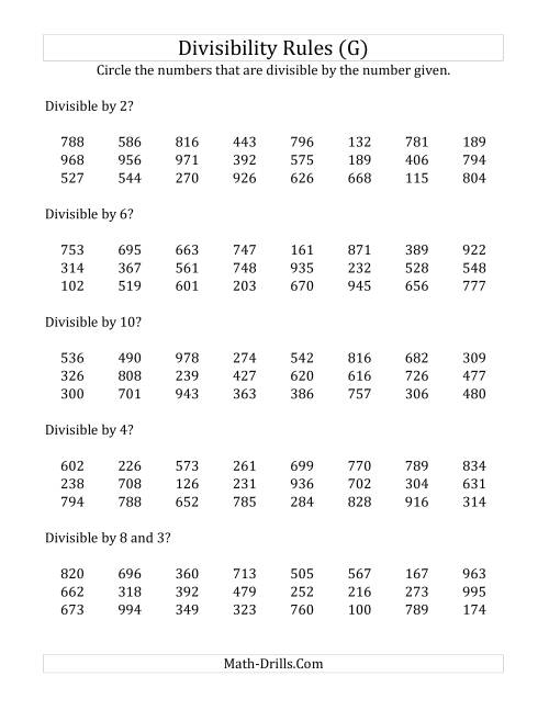 The Divisibility Rules for Numbers from 2 to 10 (3 Digit Numbers) (G) Math Worksheet