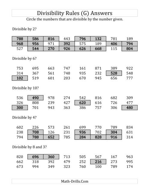 The Divisibility Rules for Numbers from 2 to 10 (3 Digit Numbers) (G) Math Worksheet Page 2