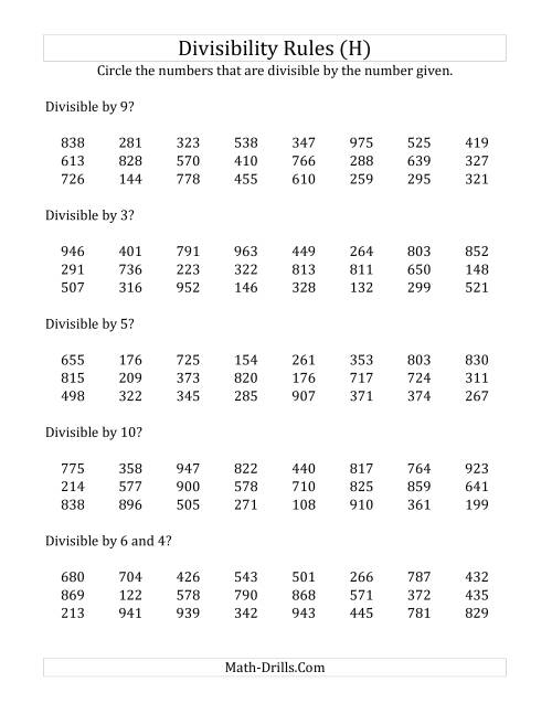 The Divisibility Rules for Numbers from 2 to 10 (3 Digit Numbers) (H) Math Worksheet