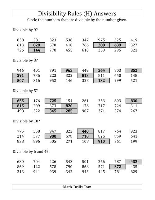The Divisibility Rules for Numbers from 2 to 10 (3 Digit Numbers) (H) Math Worksheet Page 2