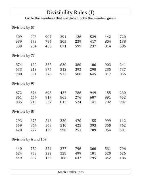 The Divisibility Rules for Numbers from 2 to 10 (3 Digit Numbers) (I) Math Worksheet