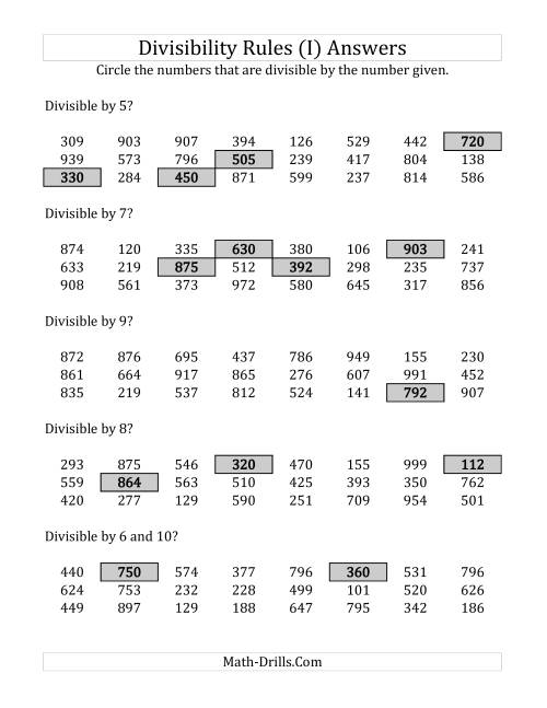 The Divisibility Rules for Numbers from 2 to 10 (3 Digit Numbers) (I) Math Worksheet Page 2