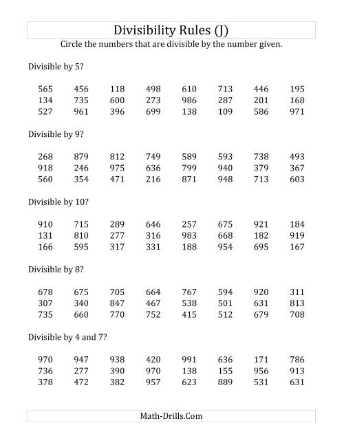 The Divisibility Rules for Numbers from 2 to 10 (3 Digit Numbers) (J) Math Worksheet