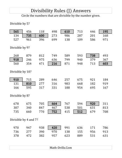 The Divisibility Rules for Numbers from 2 to 10 (3 Digit Numbers) (J) Math Worksheet Page 2