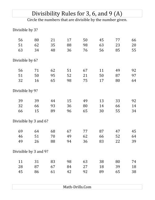 The Divisibility Rules for 3, 6 and 9 (2 Digit Numbers) (A) Math Worksheet