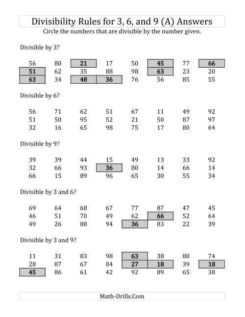 The Divisibility Rules for 3, 6 and 9 (2 Digit Numbers) (A) Math Worksheet Page 2