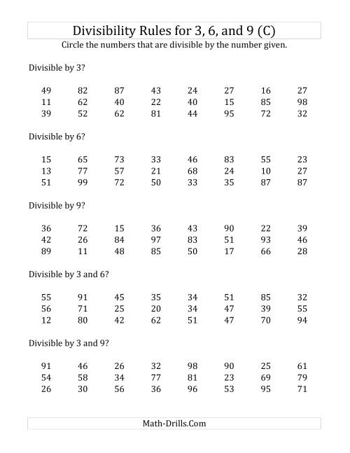 The Divisibility Rules for 3, 6 and 9 (2 Digit Numbers) (C) Math Worksheet