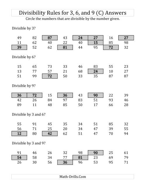 The Divisibility Rules for 3, 6 and 9 (2 Digit Numbers) (C) Math Worksheet Page 2