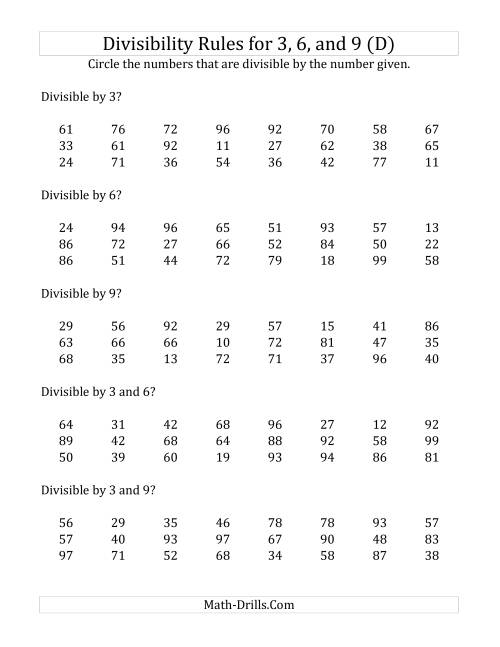 The Divisibility Rules for 3, 6 and 9 (2 Digit Numbers) (D) Math Worksheet
