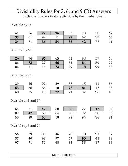The Divisibility Rules for 3, 6 and 9 (2 Digit Numbers) (D) Math Worksheet Page 2