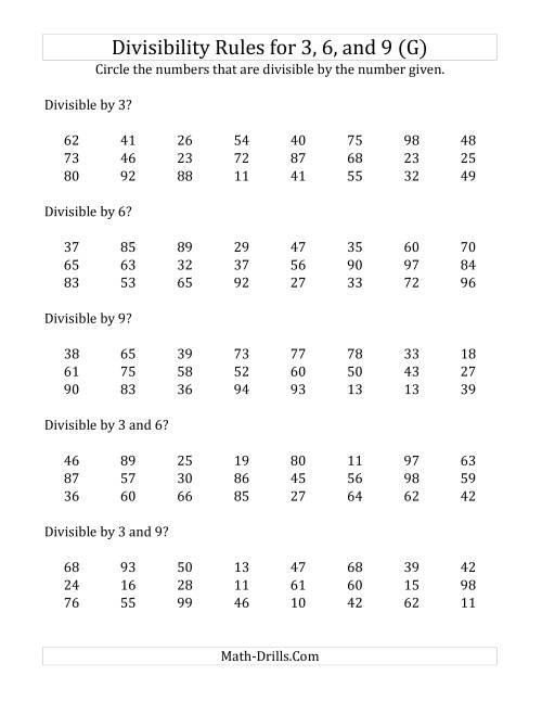 The Divisibility Rules for 3, 6 and 9 (2 Digit Numbers) (G) Math Worksheet