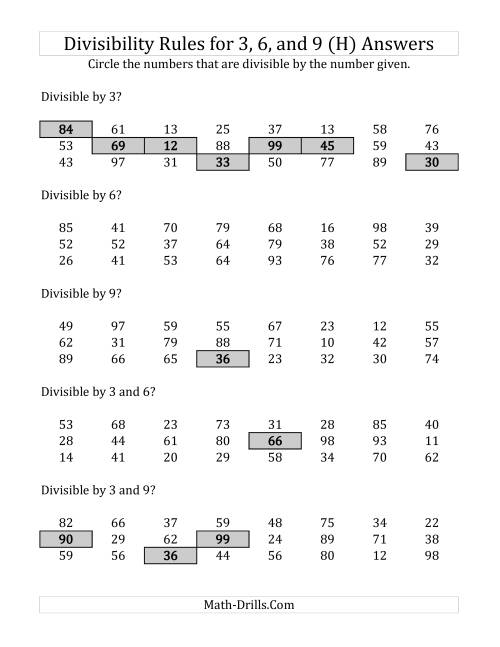 The Divisibility Rules for 3, 6 and 9 (2 Digit Numbers) (H) Math Worksheet Page 2