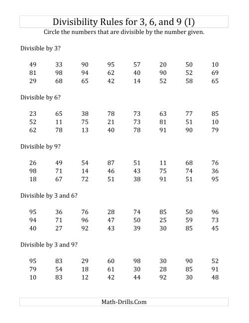 The Divisibility Rules for 3, 6 and 9 (2 Digit Numbers) (I) Math Worksheet