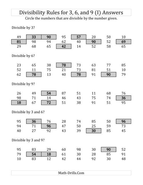 The Divisibility Rules for 3, 6 and 9 (2 Digit Numbers) (I) Math Worksheet Page 2