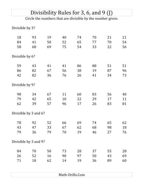 The Divisibility Rules for 3, 6 and 9 (2 Digit Numbers) (J) Math Worksheet