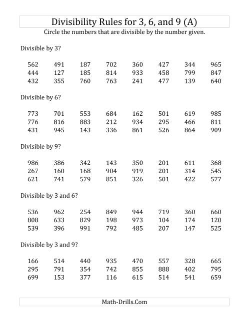 The Divisibility Rules for 3, 6 and 9 (3 Digit Numbers) (A) Math Worksheet