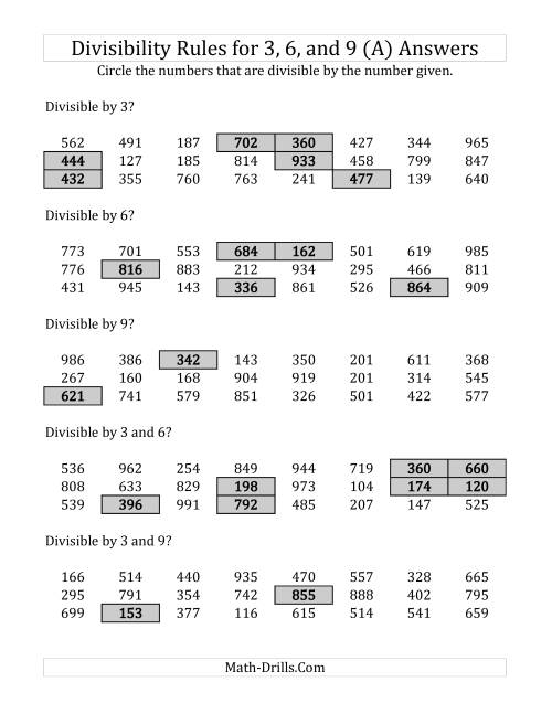 The Divisibility Rules for 3, 6 and 9 (3 Digit Numbers) (A) Math Worksheet Page 2