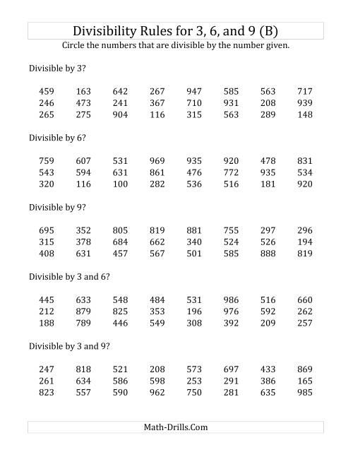 The Divisibility Rules for 3, 6 and 9 (3 Digit Numbers) (B) Math Worksheet