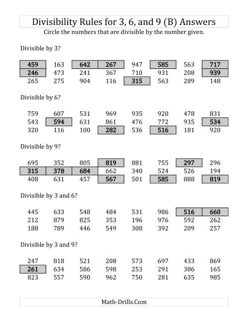 The Divisibility Rules for 3, 6 and 9 (3 Digit Numbers) (B) Math Worksheet Page 2