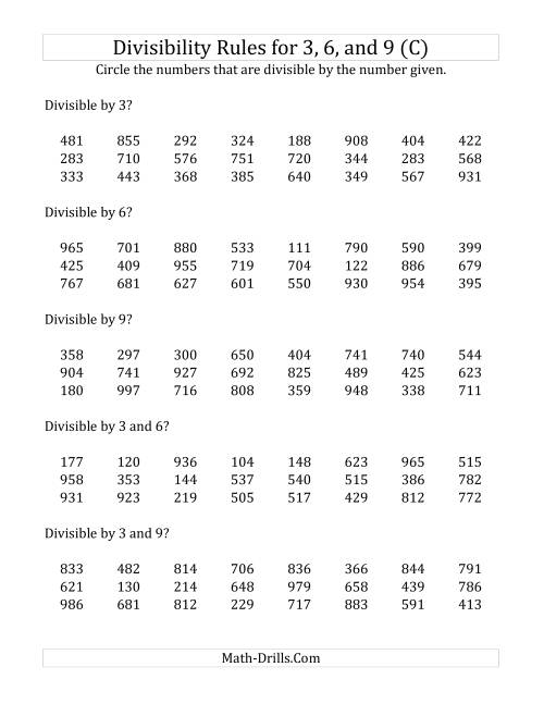 The Divisibility Rules for 3, 6 and 9 (3 Digit Numbers) (C) Math Worksheet