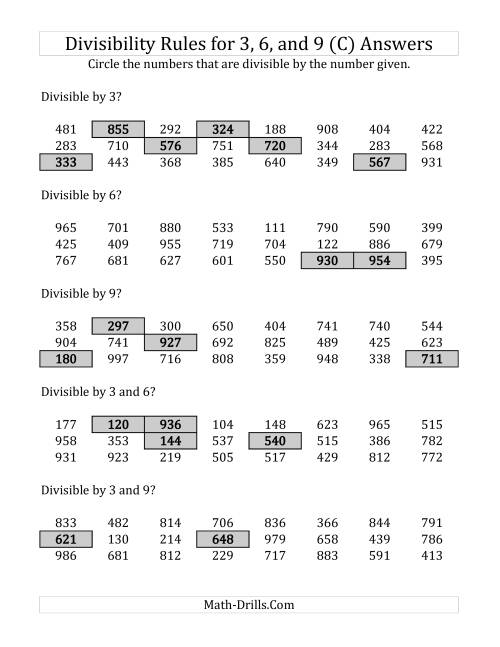 The Divisibility Rules for 3, 6 and 9 (3 Digit Numbers) (C) Math Worksheet Page 2