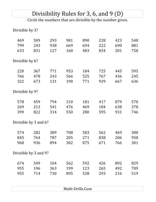The Divisibility Rules for 3, 6 and 9 (3 Digit Numbers) (D) Math Worksheet
