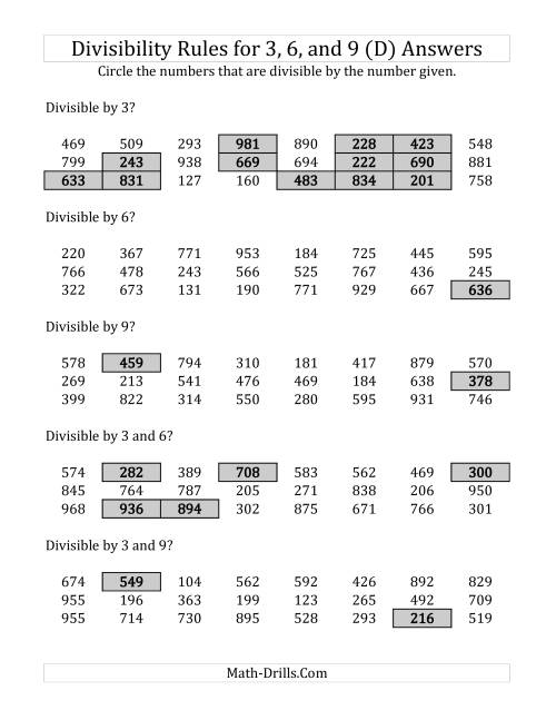 The Divisibility Rules for 3, 6 and 9 (3 Digit Numbers) (D) Math Worksheet Page 2