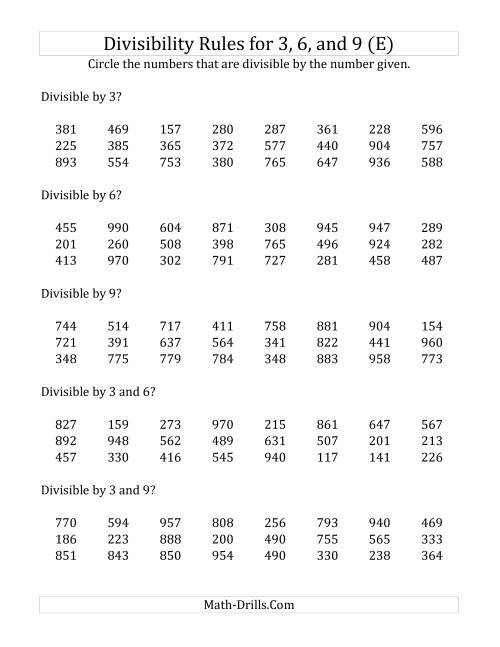 The Divisibility Rules for 3, 6 and 9 (3 Digit Numbers) (E) Math Worksheet