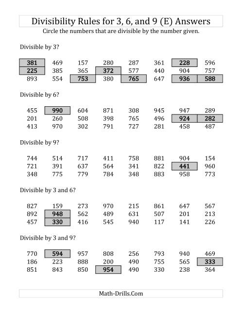 The Divisibility Rules for 3, 6 and 9 (3 Digit Numbers) (E) Math Worksheet Page 2
