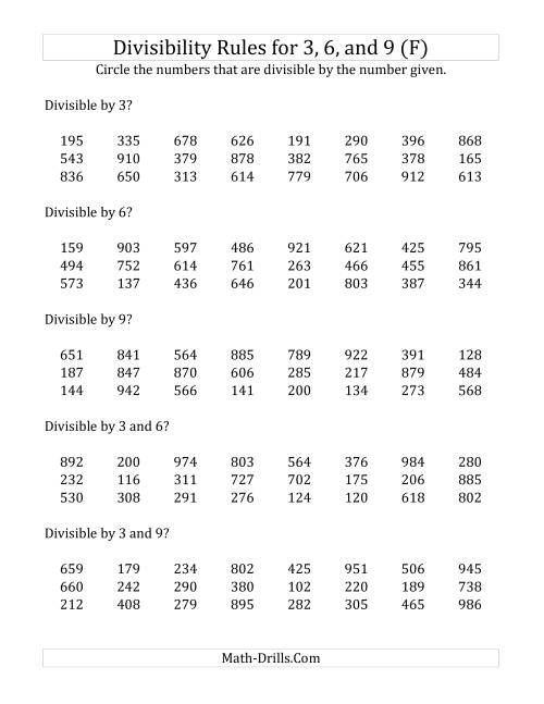 The Divisibility Rules for 3, 6 and 9 (3 Digit Numbers) (F) Math Worksheet