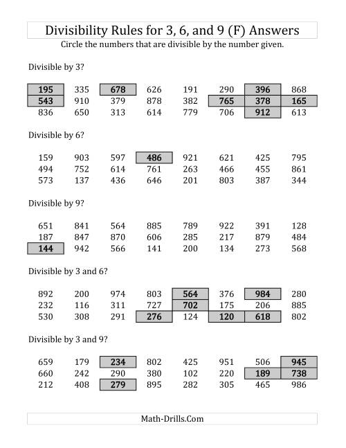 The Divisibility Rules for 3, 6 and 9 (3 Digit Numbers) (F) Math Worksheet Page 2