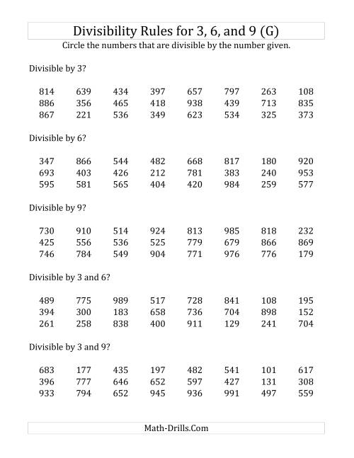 The Divisibility Rules for 3, 6 and 9 (3 Digit Numbers) (G) Math Worksheet