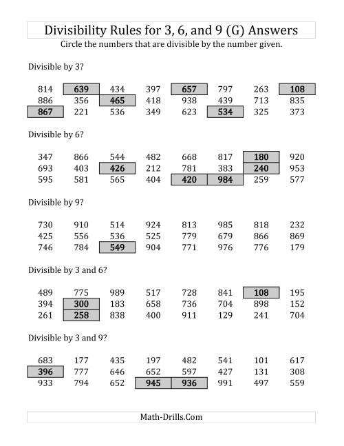 The Divisibility Rules for 3, 6 and 9 (3 Digit Numbers) (G) Math Worksheet Page 2