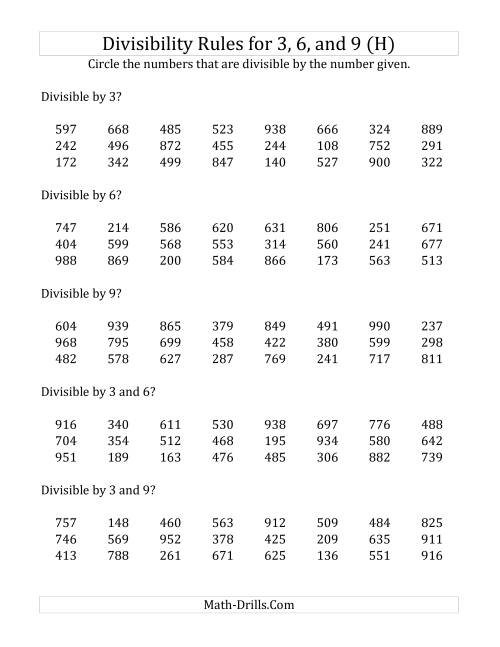 The Divisibility Rules for 3, 6 and 9 (3 Digit Numbers) (H) Math Worksheet